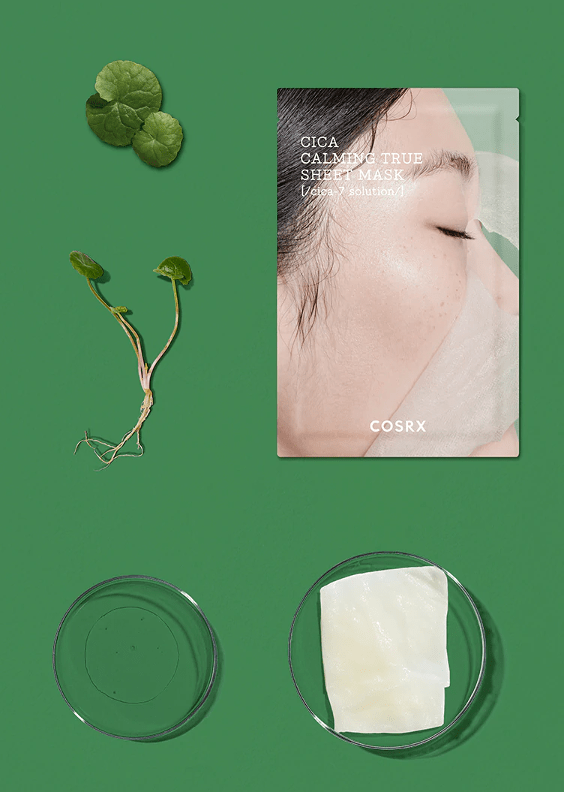 cosrx cica calming true sheet mask flat lay skincare-kbeauty-glowtime-cosrc cica calming true sheet mask