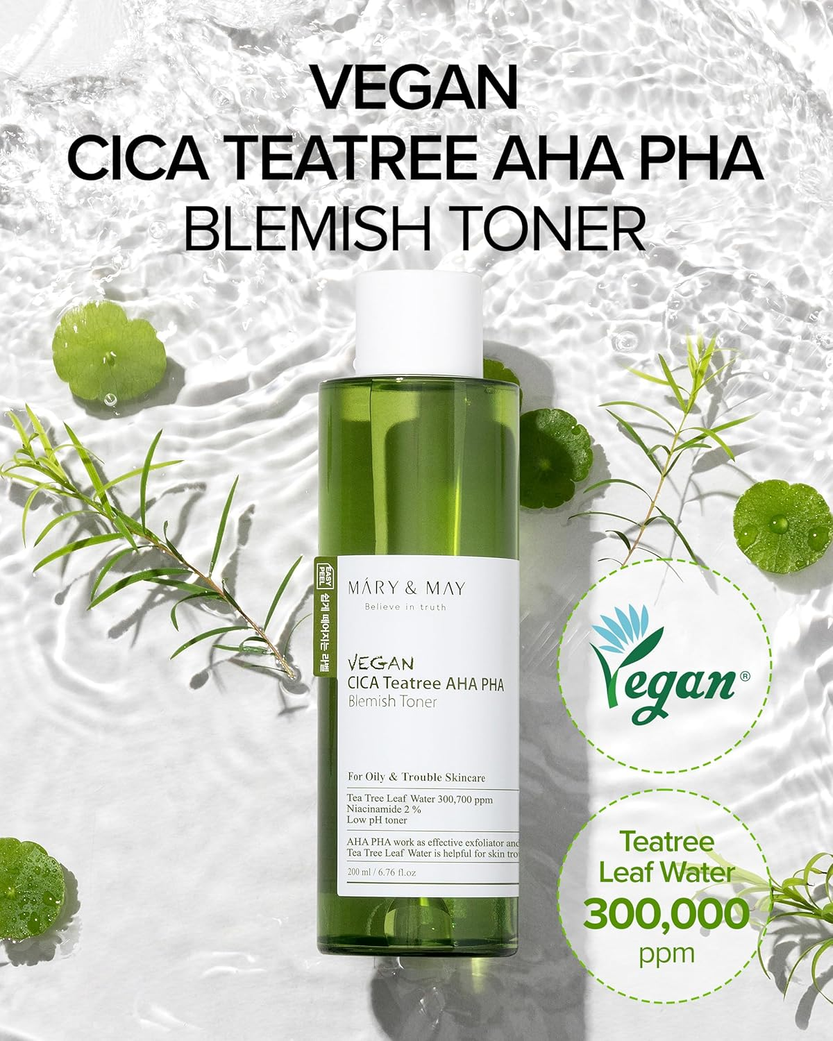 MARY & MAY Vegan Cica Teatree AHA PHA Blemish Toner 2 skincare-kbeauty-glowtime-mary and may vegan cica teatree aha pha blemish toner
