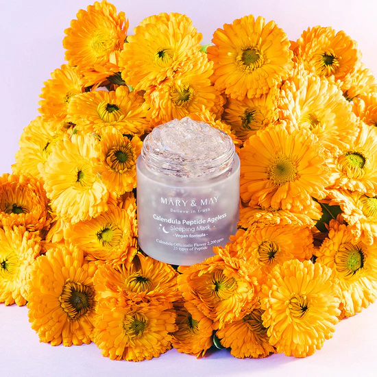 MM Calendula Peptide Sleeping Mask flowers https://staging.glowtime.mu/shop/abibheartleaf-sun-essence-calming-dropspf50pa/